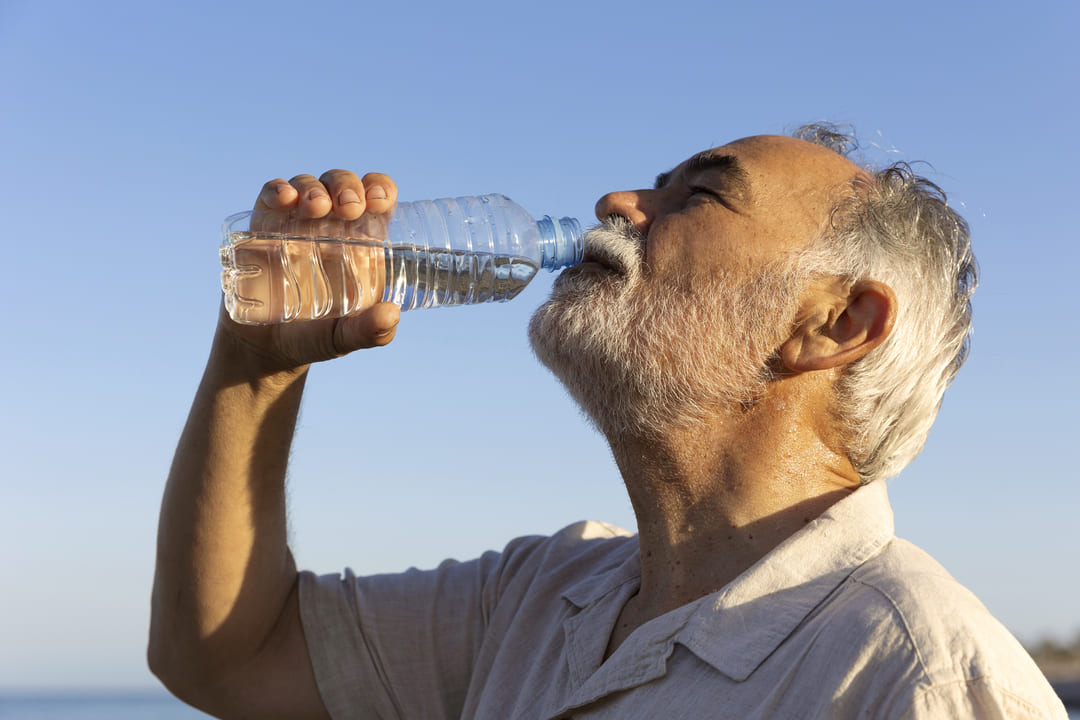 Idoso demonstrando beber mais água durante o dia.