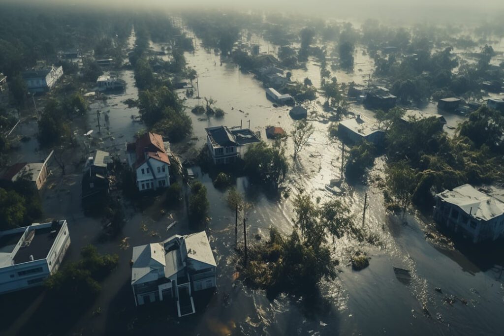 Uma enchente é um fenômeno natural causado por chuvas ou intervenções humanas no meio ambiente.